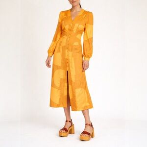 House of Sunny Cinema Dress Orange Yellow Geometric Button Front Midi Size 6 US